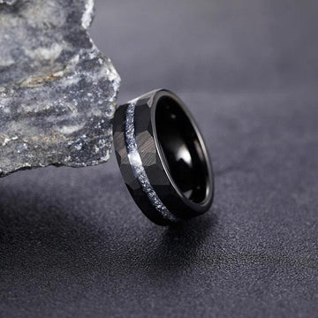New Aluminum Slag Inlay Hammer Pattern Groove Hammered 8mm Black Tungsten Carbide Comfort Fit Wedding Rings For Men - The Jewellery Supermarket